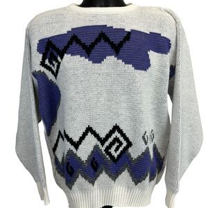 Vintage 90s Hilton Knit Sweater White Purple Geometric Made In USA Mens M Medium